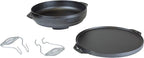 Lodge Cast Iron Cook-It-All Kit. Five-Piece Cast Iron Set includes a Reversible Grill/Griddle 14 Inch, 6.8 Quart Bottom/Wok, Two Heavy Duty Handles, and a Tips & Tricks Booklet.