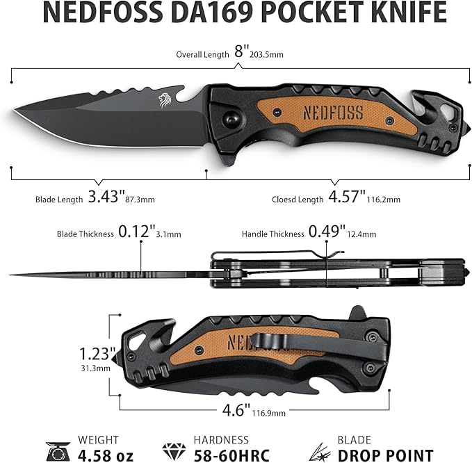 NedFoss DA169 Pocket Knife for Men Women, 4 in 1 Pocket Folding Knives, Survival Knife with Seat Belt Cutter, Glass Breaker, Bottle Opener Camping Knives, Cool Tactical Hunting knife for Men Knives, Mens Stocking Stuffers Fathers Day Gift for Dad