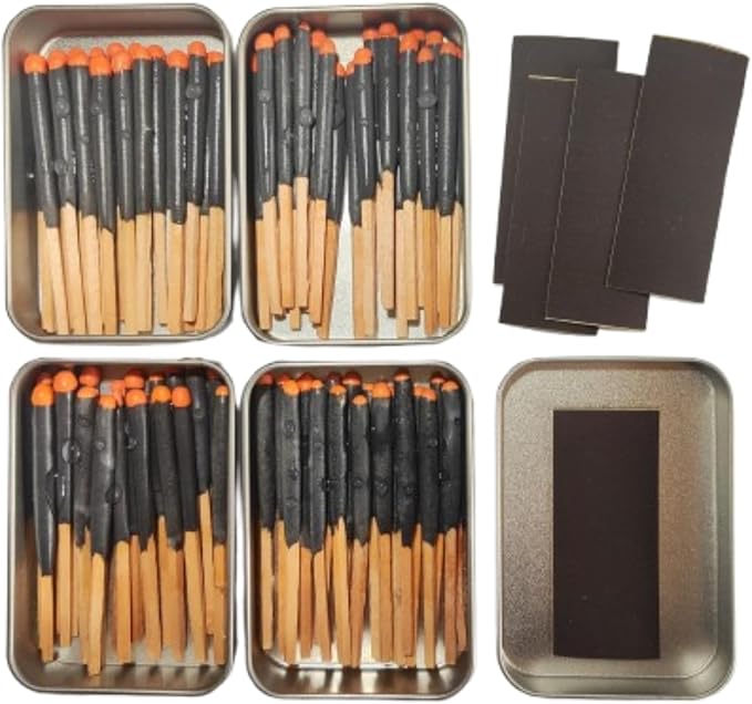 Survival Waterproof Match Kit – 20/40/60/80/100 Fire Starters with Extra Striker, Metal Tin & Waxed Tinder Cords – Stormproof Windproof for Camping & Emergency (4 x Tin Matches)