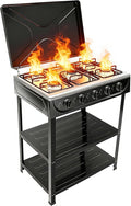 5 Burner Natural Gas Stove Portable Black Camping Stove Manual Ignition Gas Stove with Support Leg Stand and Wind Blocking Cover for RV, Apartment, Outdoor Cooking
