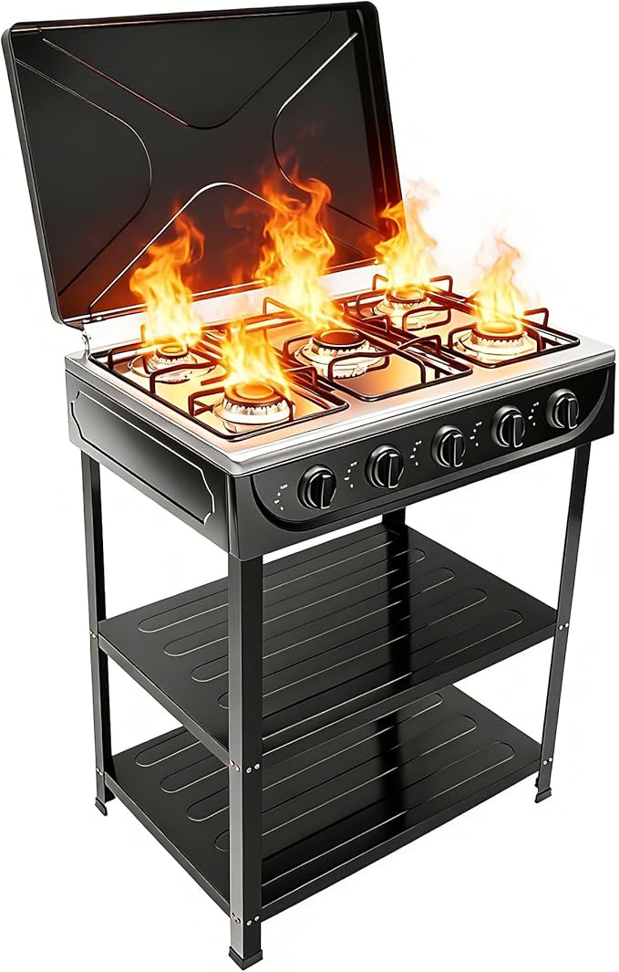 5 Burner Natural Gas Stove Portable Black Camping Stove Manual Ignition Gas Stove with Support Leg Stand and Wind Blocking Cover for RV, Apartment, Outdoor Cooking