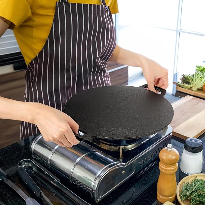Bekith 12-Inch Cast Iron Pan with Taco Holders, Cast Iron Griddle with Dual Handle, Baking Pan for Pizza, Tortillas, Crepe, Dosa, Use in the Oven, on the Stove, on the Grill, or Over a Campfire