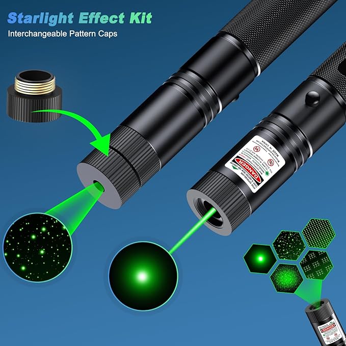 [Professional]USB-C Rechargeable High Power Green Pointer, Long Range with Star Cap&5 Adjustable Modes, Tactical Flashlight for Construction, Astronomy, Outdoor Hunting,Hiking&Camping, Presentations