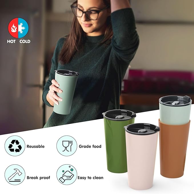4 Pack Plastic Travel Coffee Mug Set, 20 oz Spill Proof Drinking Cups with Lids, Pobtable to Go Camping Coffee Tumbler Reusable Coffee Mugs with Lids, Dishwasher & Microwave Safe