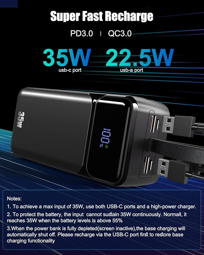 80000mAh Power Bank, 35W Fast Charging Portable Charger Built-in 3 Cables with 7 Ports, High Capacity External Battery Pack for iPhone,Galaxy,Steam Deck, Camping Travel Essentials
