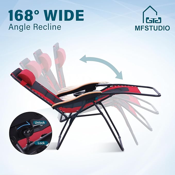 MFSTUDIO Zero Gravity Chairs Set of 2, XL Oversized Outdoor Anti Gravity Chair, Patio Lounge Folding Adjustable Chair with Cup Holder & Padded Headrest, Support 400lbs,Red