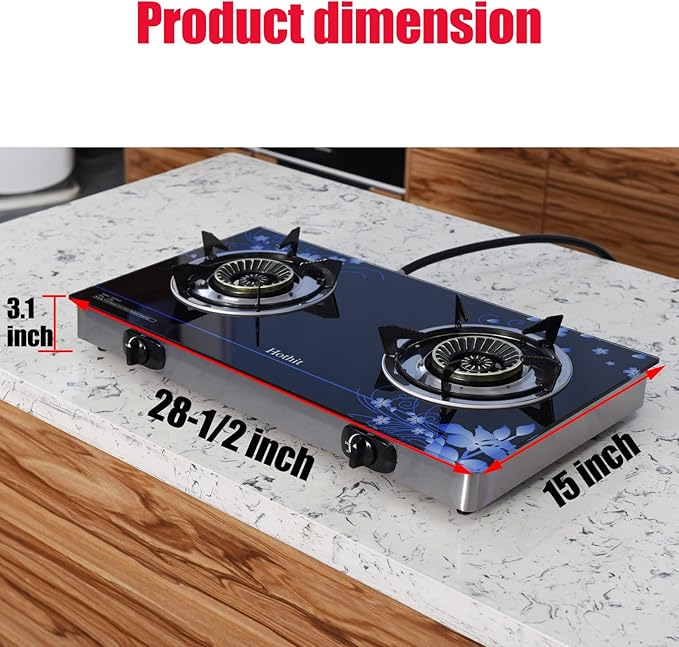 Hothit Gas Cooktop 2 Burner Outdoor Propane Stove, 28600 BTU, Portable Auto Ignition LPG Tempered Glass for camping, Courtyard Barbecue, RV Travel