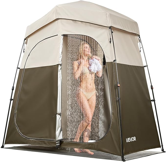VEVOR Camping Shower Tent, 2-Room Foldable Portable Privacy Tent Changing Room with Ground Stakes, Ropes, and Carry Bag, 150D Oxford Fabric with Silver Coating, for Camping, Beach, and Fishing