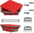 9-IN-1 Collapsible BBQ Prep Tub with Cutting Board, Portable Grill Prep Station with Side Brackets, Lids, Knives, Meat Claws and Drain Rack, Space-Saving for Kitchen, RV, Camping, Red