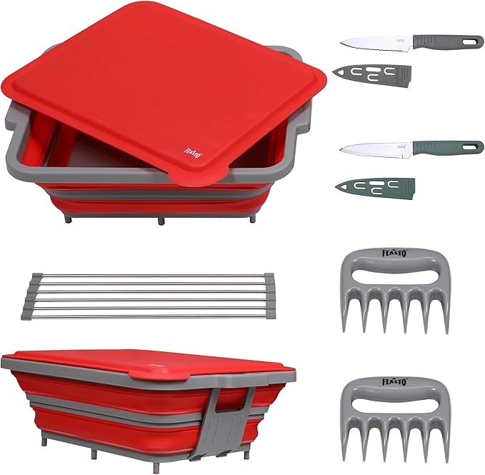 9-IN-1 Collapsible BBQ Prep Tub with Cutting Board, Portable Grill Prep Station with Side Brackets, Lids, Knives, Meat Claws and Drain Rack, Space-Saving for Kitchen, RV, Camping, Red