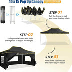 HOTEEL 10x15 Heavy Duty Pop up Canopy Tent for Parties with 4 Sidewalls, Easy Setup Outdoor Commercial Instant Gazebo for Wedding Event, with Roller Bag & Sand Bags, Black(Hexagonal Frame)