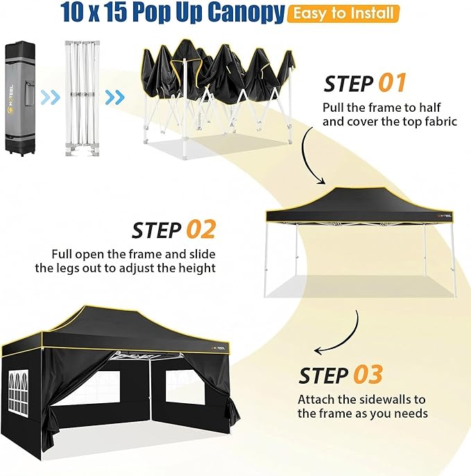 HOTEEL 10x15 Heavy Duty Pop up Canopy Tent for Parties with 4 Sidewalls, Easy Setup Outdoor Commercial Instant Gazebo for Wedding Event, with Roller Bag & Sand Bags, Black(Hexagonal Frame)