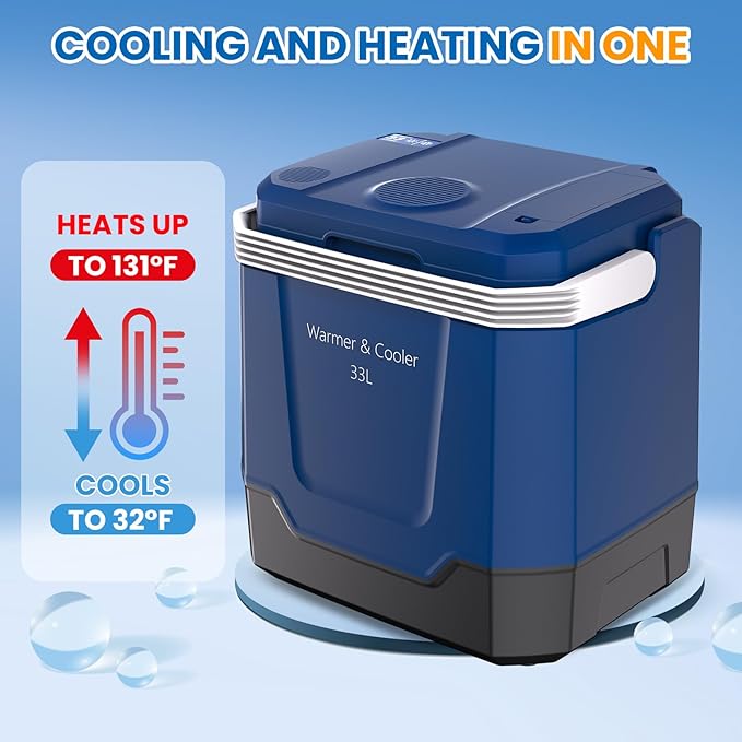 35 QT (33 L) Electric Cooler & Warmer, Portable Car Refrigerator With Automatic Locking Handle, 12V Car Cooler for Vehicle & Trucks, 110V AC Home Power Cord, Plug In Coolers,Blue