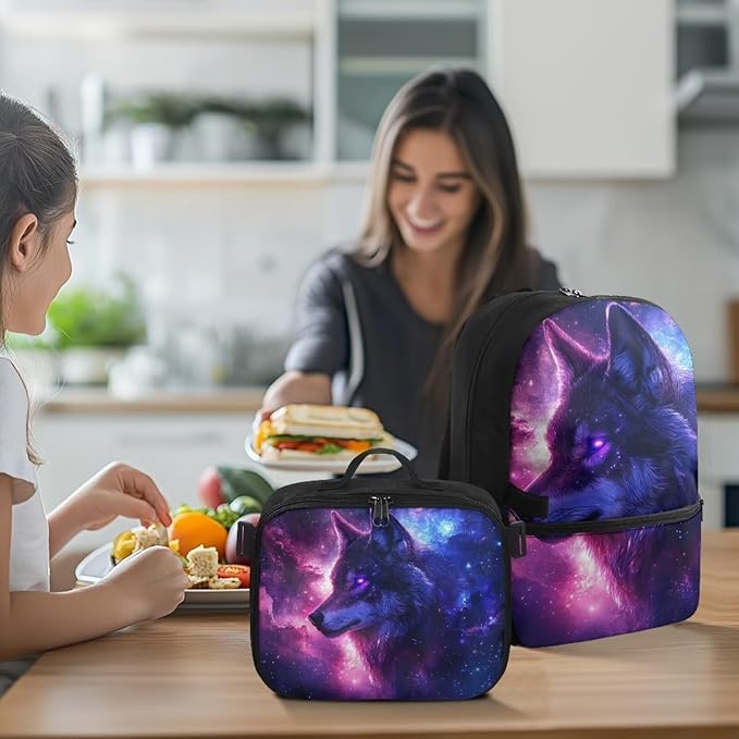 Galaxy Backpack for Men Wolf School Bag for Travel Lightweight Mens Bookbag with Lunch Box for Outdoor Hiking Camping Casual Daycare Back Pack