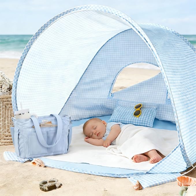 Tiny Land Baby Beach Tent – Pop Up Baby Tent with UV Protection, Portable Baby Beach Essentials, 35.4"x27.6"x31.5" Sun Shelter for Infants, Baby Summer Outdoor Use (Light Blue Gingham)
