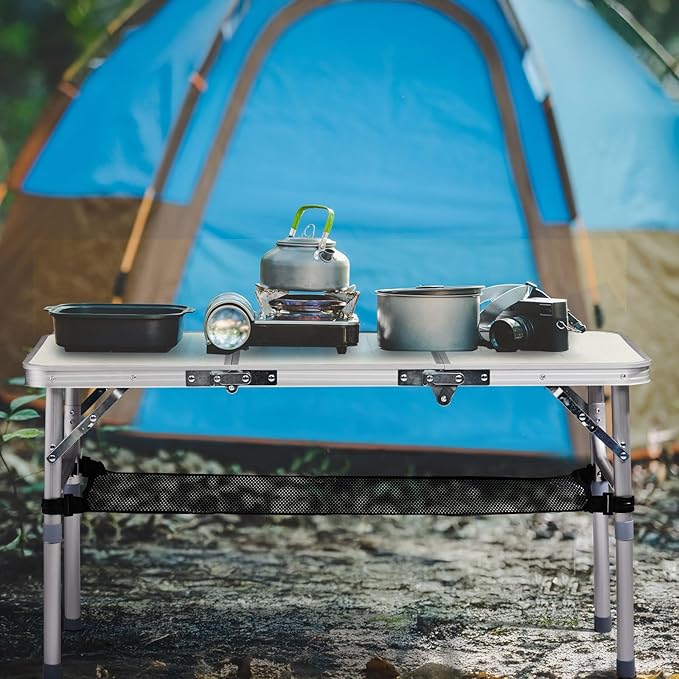 Outvita Folding Table, 3FT Aluminum Camping Table with Storage Adjustable Height Picnic Table Lightweight for Carring Outdoor Party Events Beach