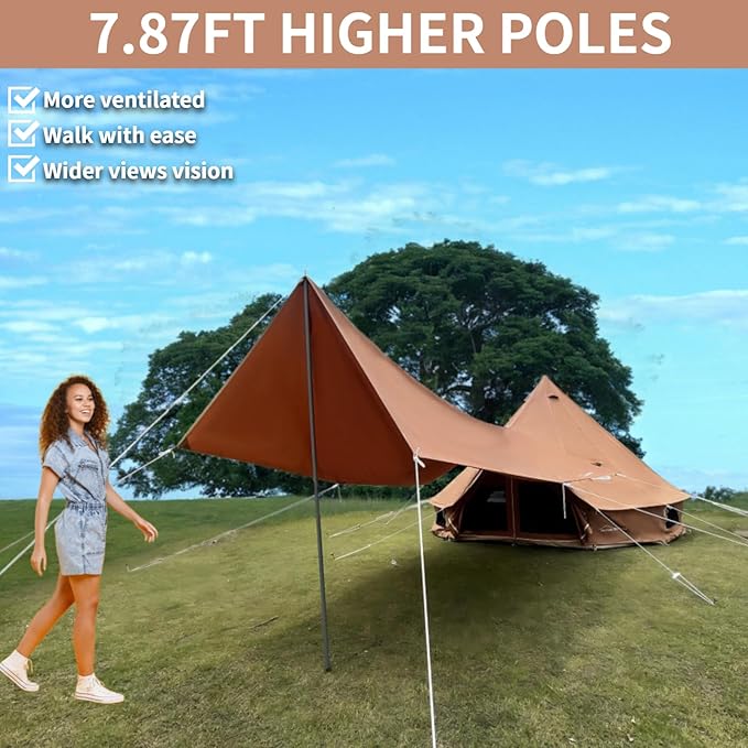DANCHEL OUTDOOR Waterproof Bell Tent Awning, 4 Season Camping Tarp – Portable Canopy Cover with Poles, Lightweight Glamping Accessories, Rectangle