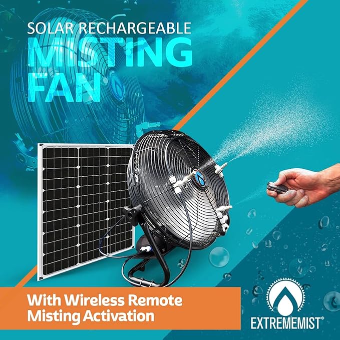 EXTREMEMIST 14” Solar Powered Misting Fan Pro – 4 Mister Nozzles, 30W Solar Panel | Detachable Pump with 16ft. Misting Line | Perfect for Outdoors, Camping, Tailgating - Cools air up to 30°F (17C)