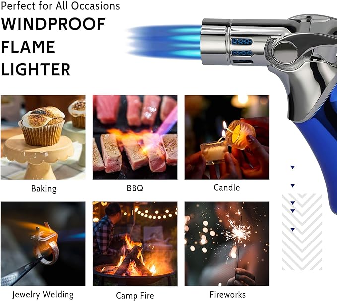 VEXO-Mini4 Torch Lighter Quad 4 Jet Flame Windproof Butane Refill Portable Lighter for Grill BBQ Candle Camping, Gift Idea (Butane NOT Included) (Blue)
