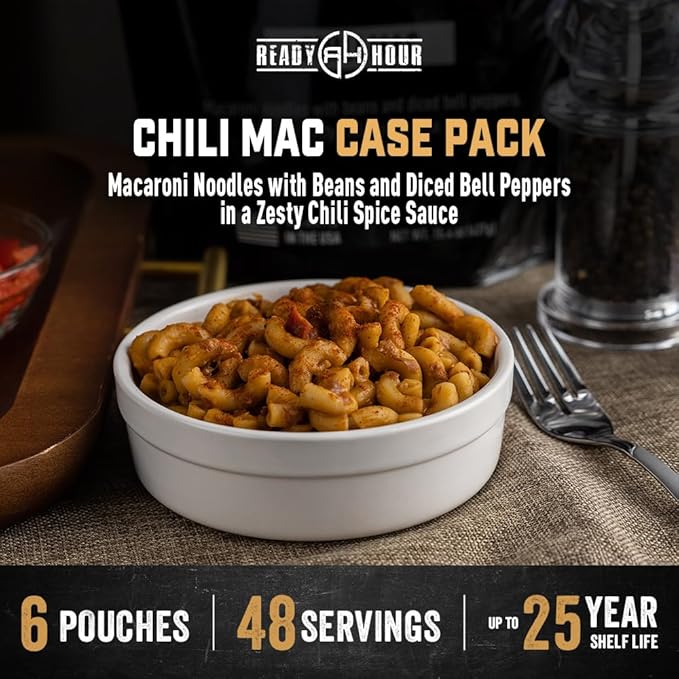Ready Hour Chili Mac Case Pack (48 Servings), Freeze-Dried, Prepper Pantry Food, Bulk Food Case, Long-Term Storage, Shelf-Stable Entrée, Survival Meal Pack, Disaster Relief Meals, Emergency Supply Kit
