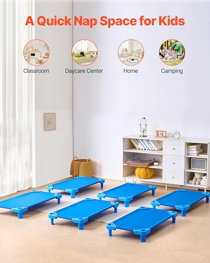 VEVOR Stackable Kiddie Cot, 6 Pack Portable Toddler Nap Cots, Standard Size 40" L x 23" W Daycare Cots for Kids, Preschool Classroom Daycare Beds for Sleeping, Resting, Naptime, Blue