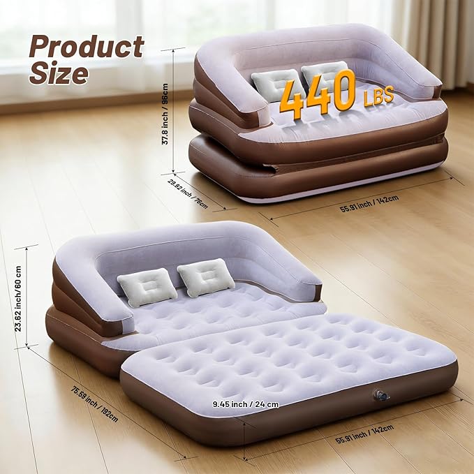 Full Size Inflatable Sofa Bed with Air Pump,2-in-1 Blow-Up Couch and Folding Air Mattress Bed for Home,Camping,and Guests