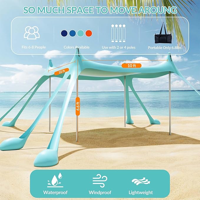 Gardentime Beach Tent Canopy with 8 Sandbags 4 Aluminum Poles, Pop Up Portable Camping Sun Shelter, Easy Set Up with 2 Sand Shovel, Ground Pegs, Carrying Bag for Outdoor Beach,Picnic, Fishing
