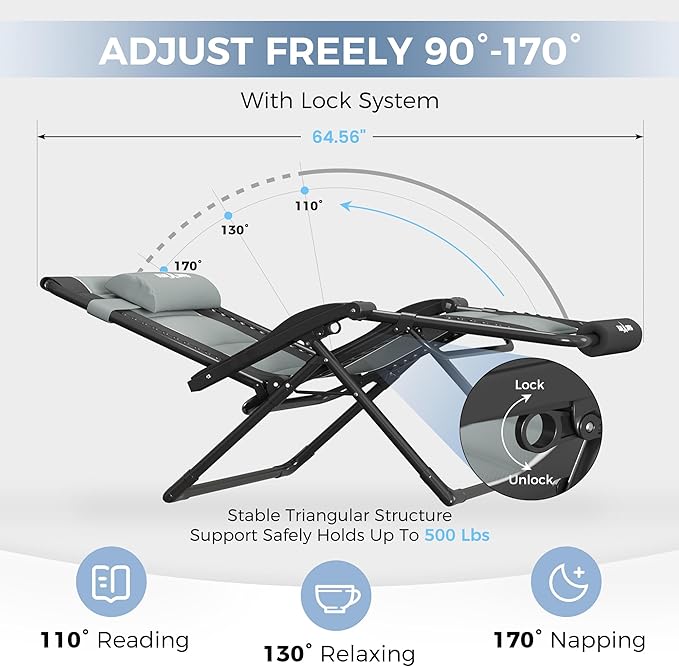 UDPATIO Oversized Zero Gravity Chair Set of 2, Outdoor Full Padded Recliner, Patio Folding Adjustable Reclining Seat with Cup Holder, Footrest & Headrest for Camping, 500LBS Support,Black/Gray,33in