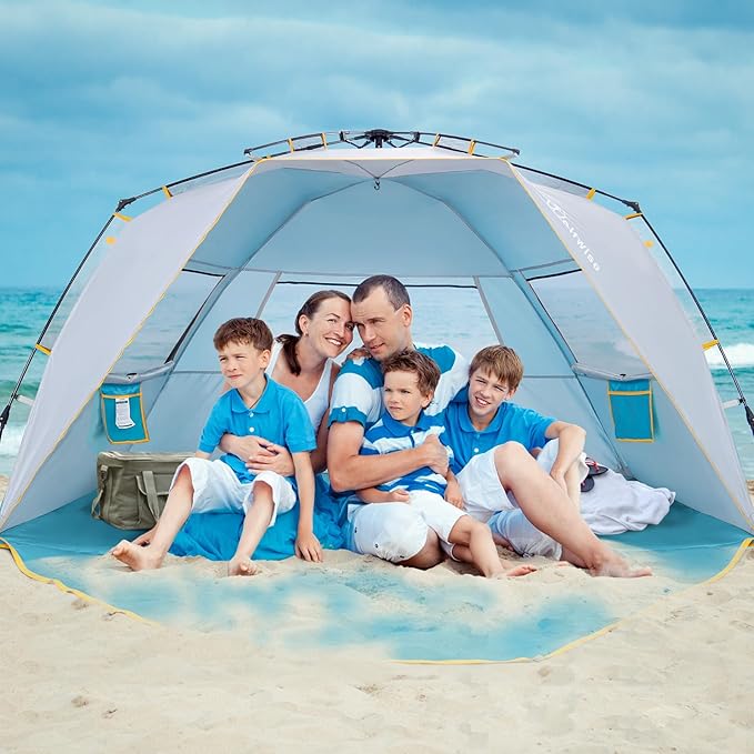 Wolfwise Instant Beach Tent Sun Shelter with Zippered Extendable Porch for Privacy, Portable Beach Tents with Carrying Bag, Easy Setup Pop up Beach Shade for 6-7 Person, 110 x57x57 in, Blue
