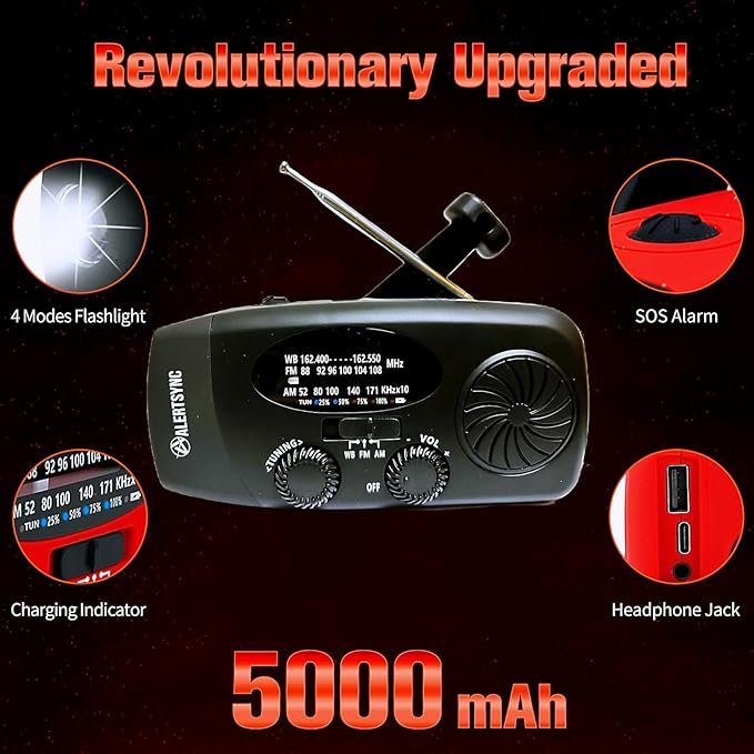 18500mWh Weather Emergency Radio, Portable Solar AM/FM/NOAA Hand Crank Radio, Cell Phone Charger with SOS, 1W LED Flashlight, Headphone Jack, Power for Emergency Preparedness (5000mAh Black)