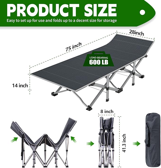 NAIZEA Folding Camping Cot for Adults, Heavy Duty Sleeping Cot with Mattress, Portable Military Cot, Double Layer Oxford Strong Heavy Duty Sleeping Cot, Supports Up to 600-880 lbs