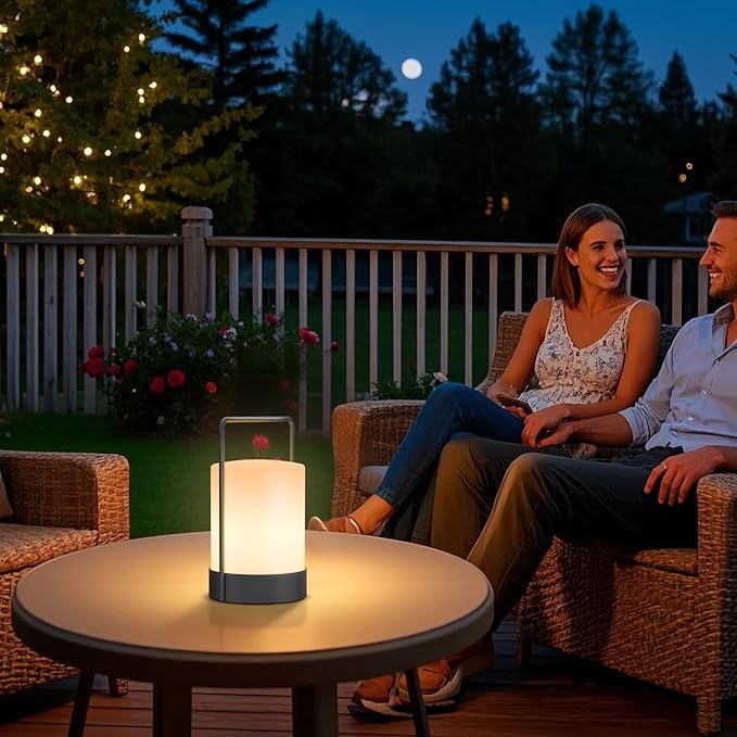 FUYO Outdoor Table Lamp Lantern Shower Lamp Cordless LED Portable with Warm White RGB Colour IP44 Rainproof, with Handle, PE & Metal for Balcony Patio Garden Camping Bathroom