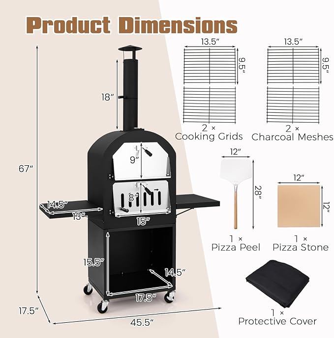 LDAILY Outdoor Pizza Oven, Wood Fired Pizza Maker with Side Shelves, Cooking Grids, Cover, Pizza Stone & Peel, Patio Portable Pizza Stove for Backyard, Camping & Party, Black