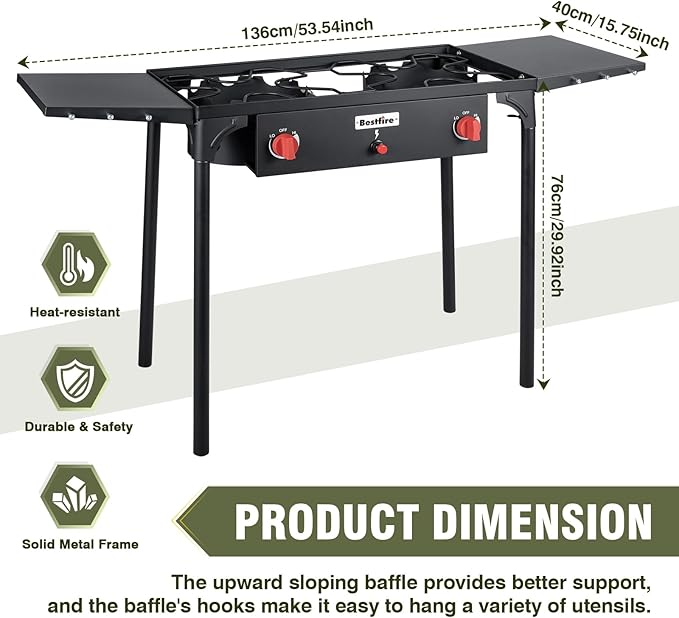 Bestfire 2 Burner Propane Camping Stove,150,000 BTU,Exclusive One-Touch Auto Ignition (Safer & Convenient),2 Side Shelves,CSA-Certified,30s Tool-Free Setup,Portable for Camping, Estufa De Gas Portatil