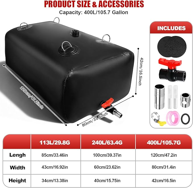 400 L/105.7 Gallon Water Storage Bladder, Foldable Portable Water Bladder Tank, Large Capacity Water Bag Container for Camping, Truck, RV, Emergency, Outdoor-Black