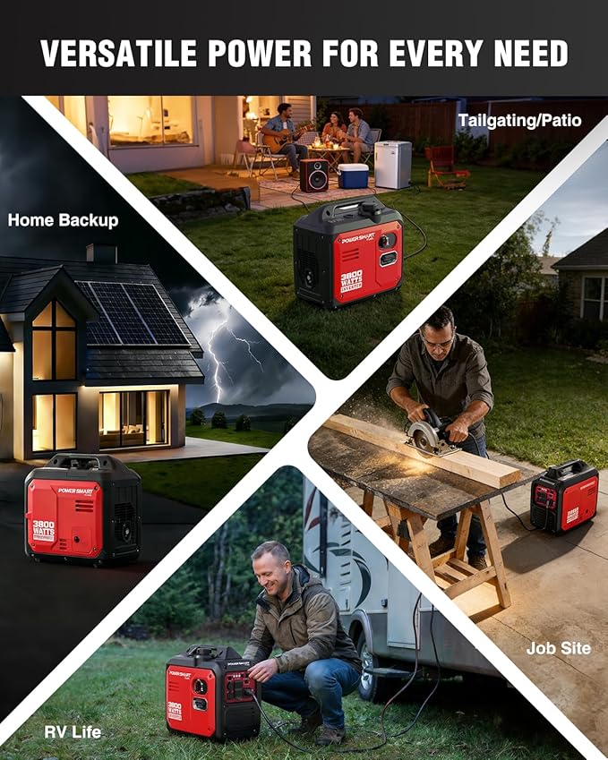 PowerSmart 3800W Portable Inverter Generator, 59dB Super Quiet Gas Powered, 143cc 4-Stroke OHV, Parallel Ready, EPA Compliant for RV Camping, Tailgating and Home Emergency Backup