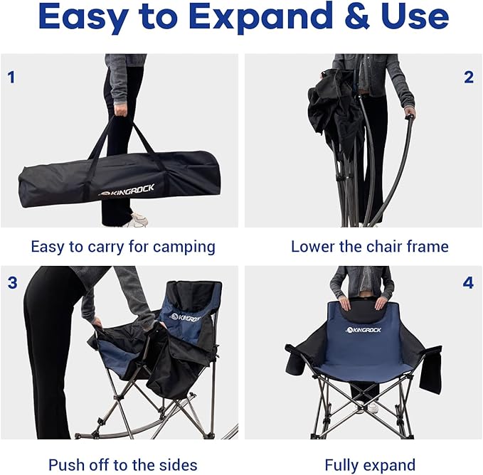 KINGROCK Oversized Rocking Camping Chair with Headrest and Carry Bag, 260LBS Capacity Folding Portable Camp Chairs for Adults, Recliner for Outdoor, Beach, Fishing, Travel, Sports Games,Navy Blue