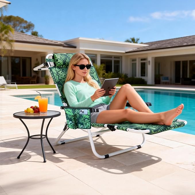 MOPHOTO Oversized Beach Lounge Chair, 5-Position Adjustable Tanning Chair with Face Hole, Heavy Duty Folding Chaise Lounge for Beach, Pool, Patio & Sunbathing