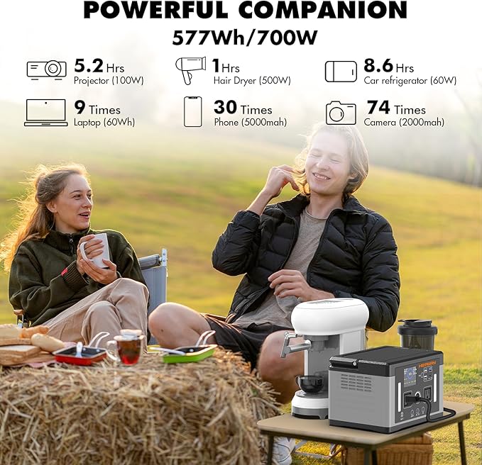 Portable Power Station 700W 577Wh Solar Generator, 120V Pure Sine Wave AC, PD 60W Fast Charge, 1000W Surge Inverter Power Bank Home Backup Battery for CPAP, Camping, RV, Outage