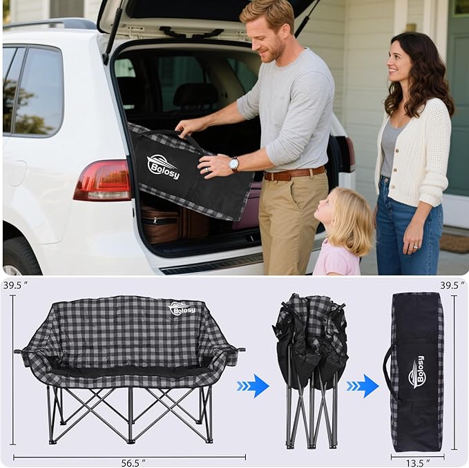 Padded Double Camping Chair Folding Loveseat 2 Person Camp Chair Heavy Duty Lawn Chairs Camping Couch Outdoor Sofa