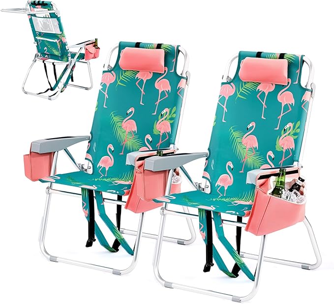 VINGLI Tall Beach Chair 2 Pack Lightweight, Backpack Beach Chair for Adults with 5-Position, Cooler Bag, Cup Holders, Towel Bar, Lightweight Folding Beach Camping Chairs
