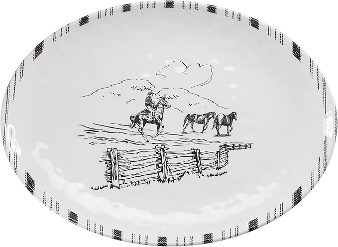 Paseo Road Ranch Life 14 Piece Melamine Plastic Dinnerware Set with Plates, Bowls and Serving Platter, Black and White, Southwestern Rustic Cabin Lodge Farmhouse Style