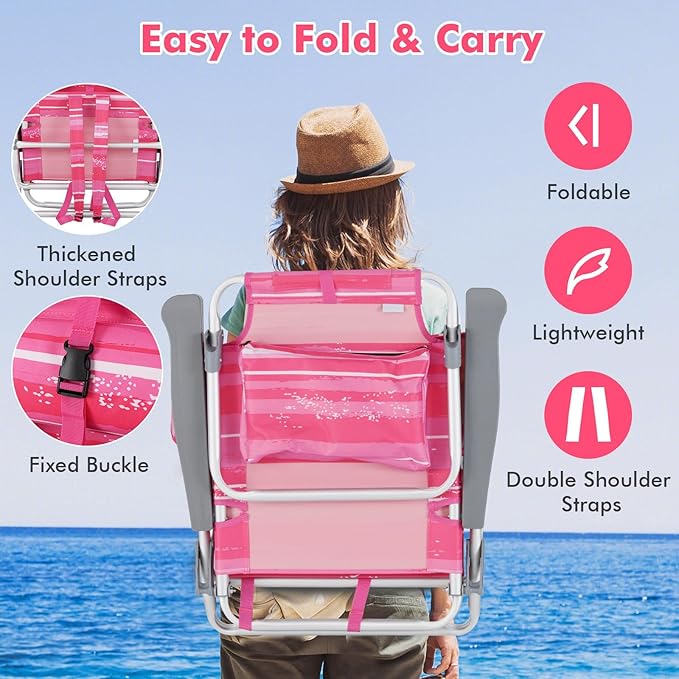 Giantex Folding Beach Chair, Patio Sling Chairs with 5 Adjustable Position, Head Pillow, Storage Bag, Towel Bar, Cup Holders, Backpack Chairs for Sunbathing, Camping Chair