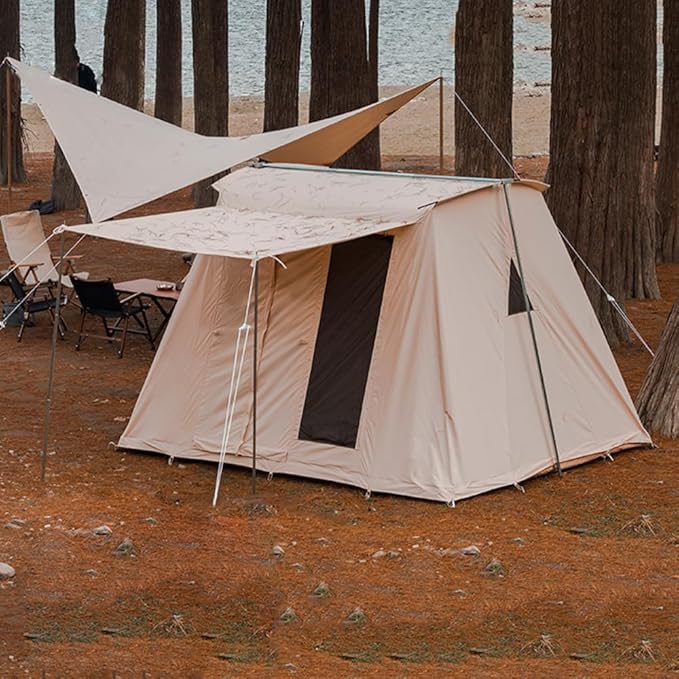 UNISTRENGH Waterproof Cotton Canvas Cabin Tent 4 Season Outdoor Family Camping Tent Shelters with Awning & Extra Wide Mesh Doors