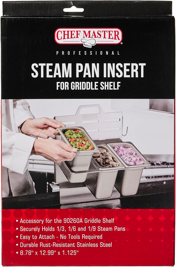 Chef Master Steam Pan Insert for Griddle Shelf Set – Fits 1/3, 1/6 & 1/9 Steam Pans - Keeps Your Ingredients in One Place - Grill Accessories For Restaurants, Diners & Food Trucks - Fits 90260