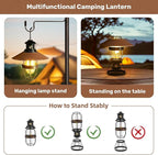Metal LED Retro Camping Lantern, 2-in-1 Hanging/Standing, Dimmable, 3500mAh Rechargeable, Water Resistant, Brown