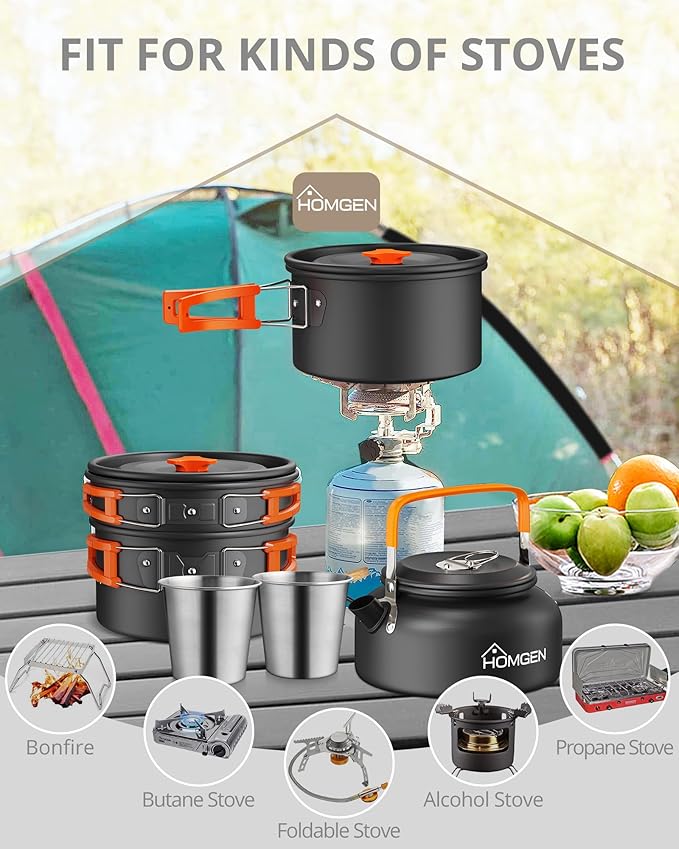 HOMGEN Portable Camping Cookware Set-Lightweight Aluminum Camp Pots and Pans Kit-Comes with Non-Stick Pots/A Frying Pan etc-Complete Camping Mess Kit for Camping/Hiking/Fishing & Other Outdoor Trip