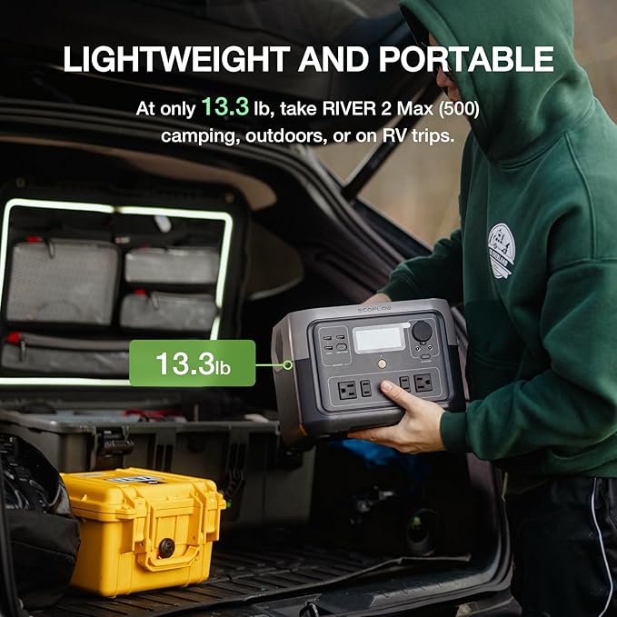 EF ECOFLOW Portable Power Station River 2 Max 500, 499Wh LiFePO4 Battery/ 1 Hour Fast Charging, Up to 1000W Output Solar Generator (Solar Panel Optional) for Outdoor Camping/RVs/Home Use