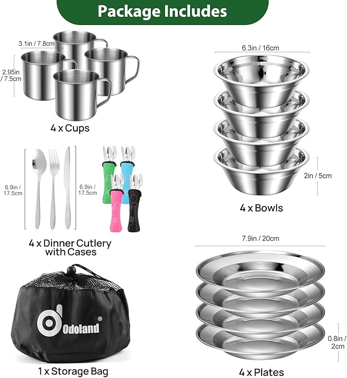 Odoland 29pcs Stainless Steel Utensils Camping Mess Kits with Bowls Plates Cups Forks Spoons and Knives for 4, Cutlery Flatware Set for Backpacking, Outdoor Camping Hiking and Picnic