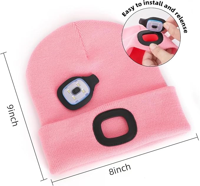 YMHB Unisex Beanie Hat with Light, USB Rechargeable LED Headlamp Hat Night Light Cap Christmas Stocking Stuffers Gifts for Men Dad Father Husband (Pink)